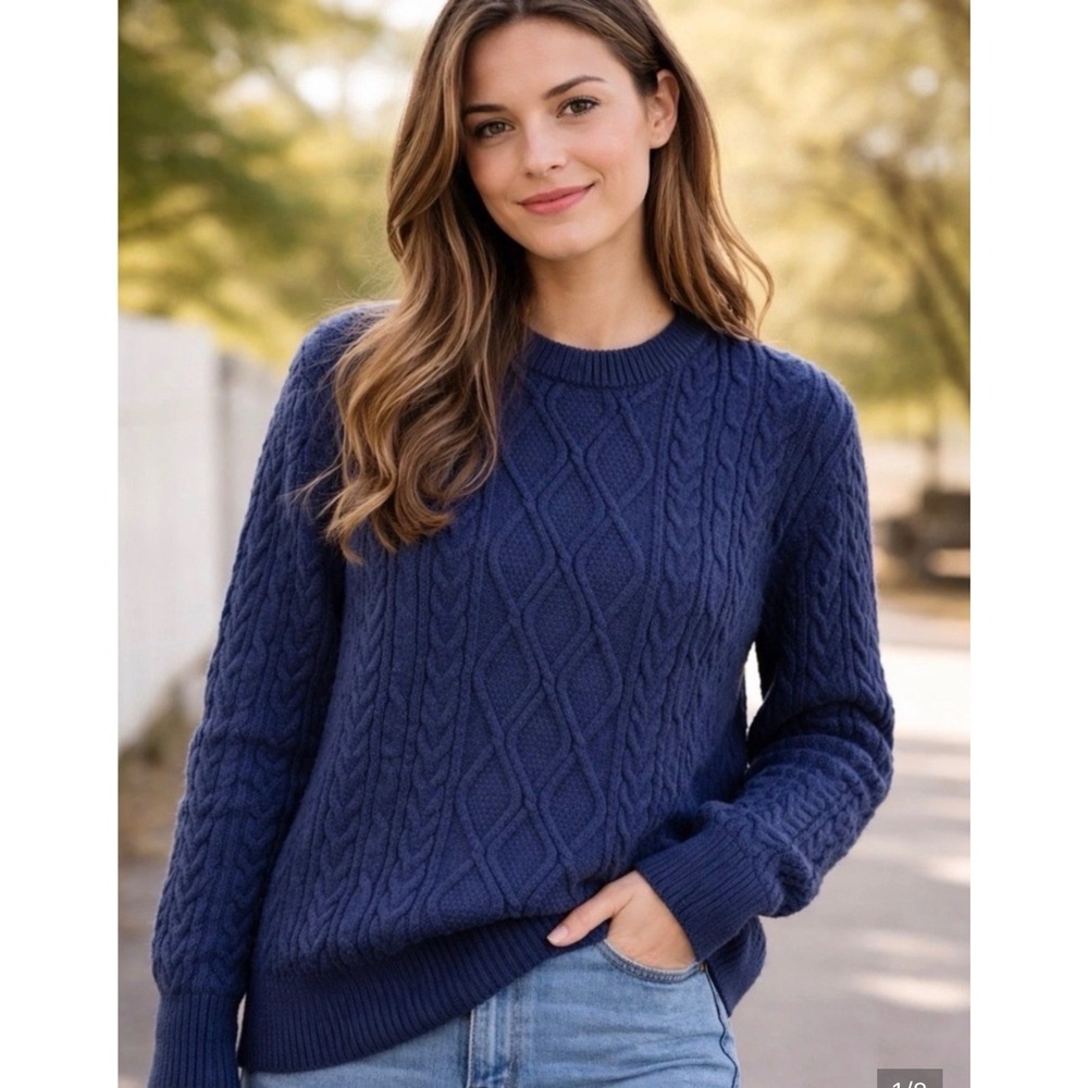 Aelfric Eden Navy Blue Cable Knit Crew Neck Sweater